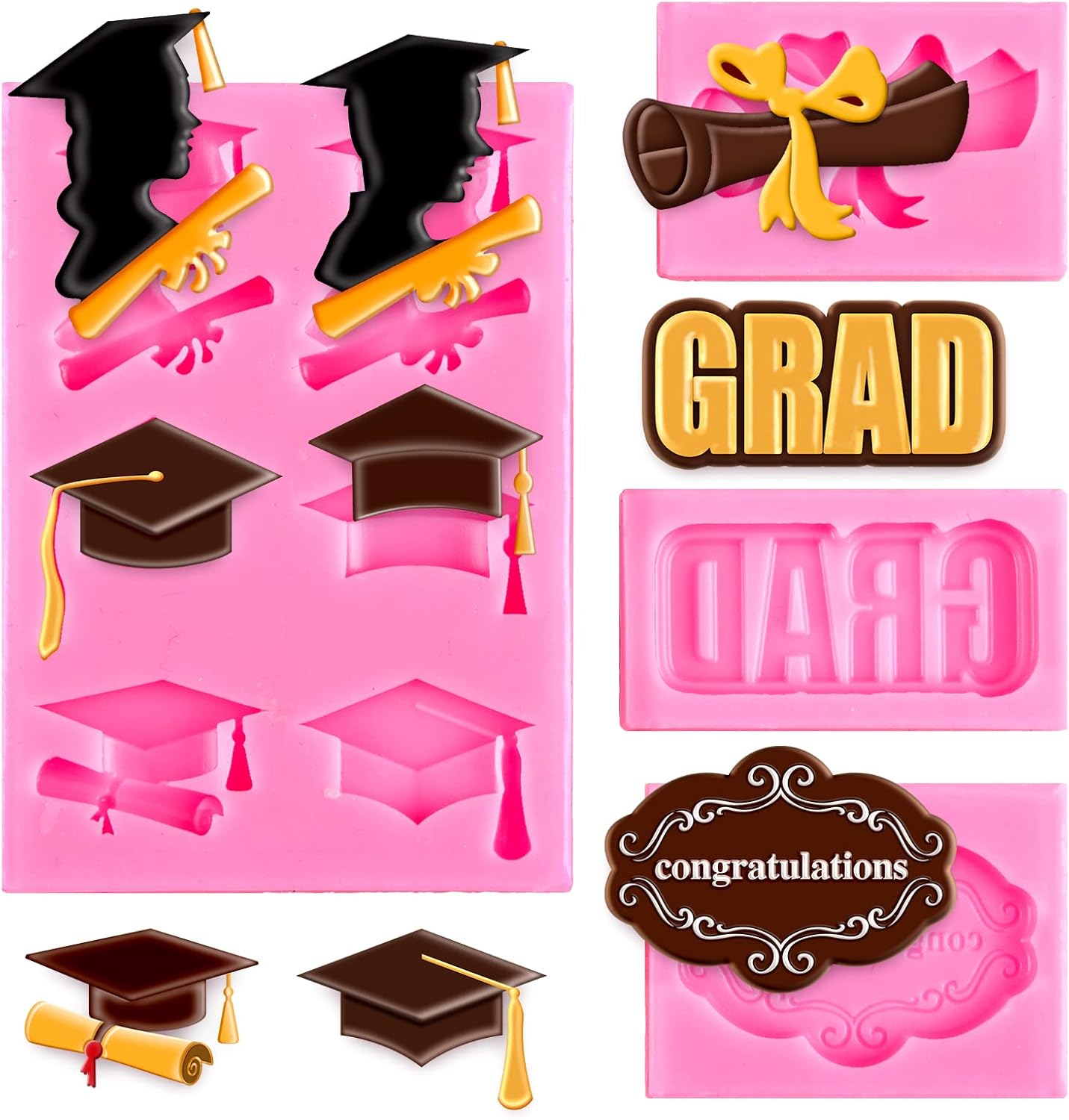 Whaline Graduation Mini Fondant Molds - 4 Pack Silicone Caps & Diplomas for Cake Toppers | Perfect for Parties