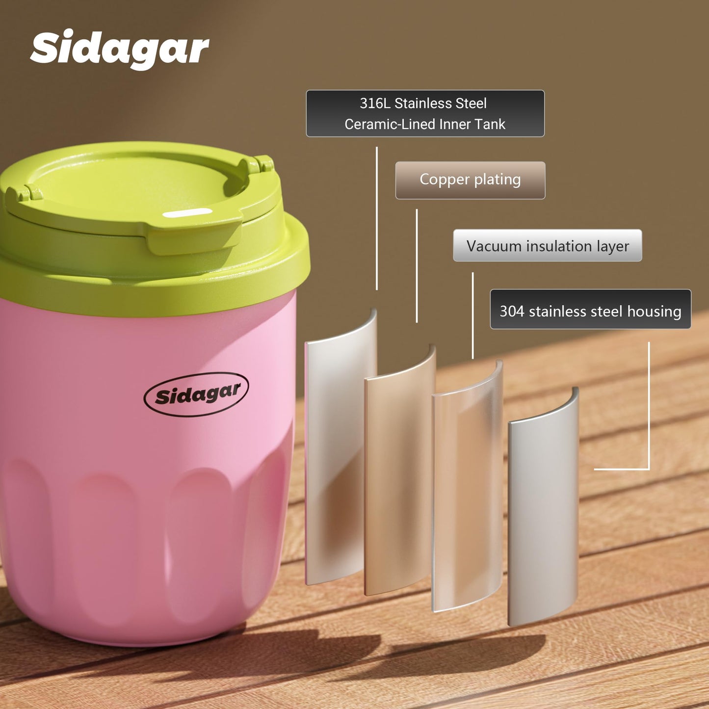Sidagar Travel Coffee Mug 10 oz Ceramic Lined Tumbler, Double Wall Stainless Steel Coffee Cup with Lid, Vacuum Spill Proof Mini Water Bottle, Insulated Thermal Mug for Home Office,Pink
