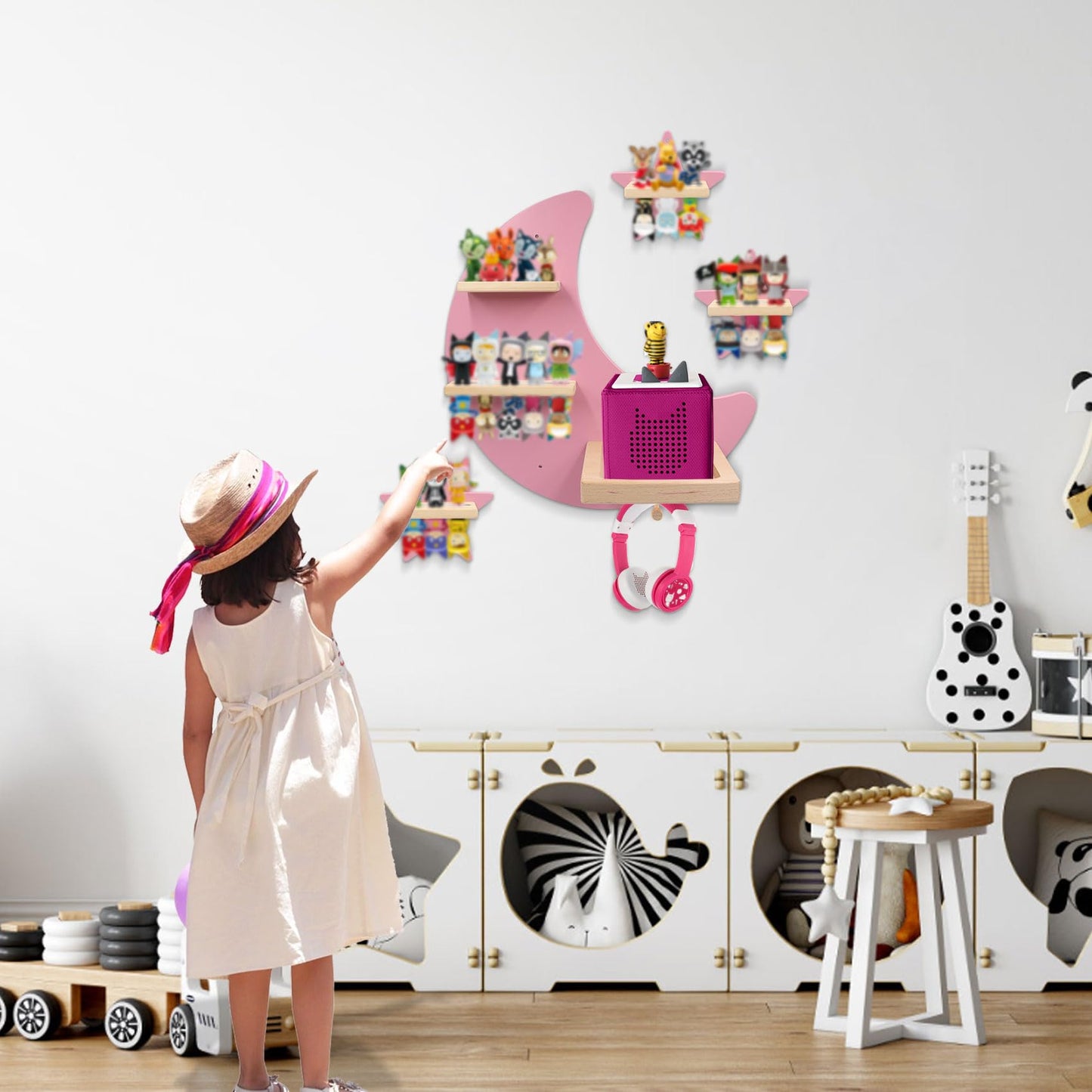 Taladad for Toniebox 2 and Toniebox 1 Tonie Shelf Wall Mounted Set of 4 (Moon and 3 Stars),Tonies Figures Tonies Storage,Magnetic Wooden Floating Shelves Compatible with Tonie Box Player Character