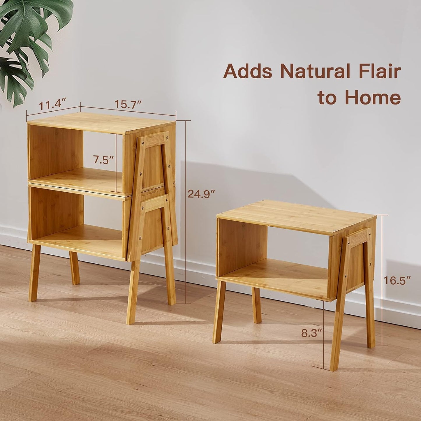 Pipishell Nightstands - Set of 2 Bamboo Bedside Tables with Storage Shelf | Natural Finish for Small Spaces
