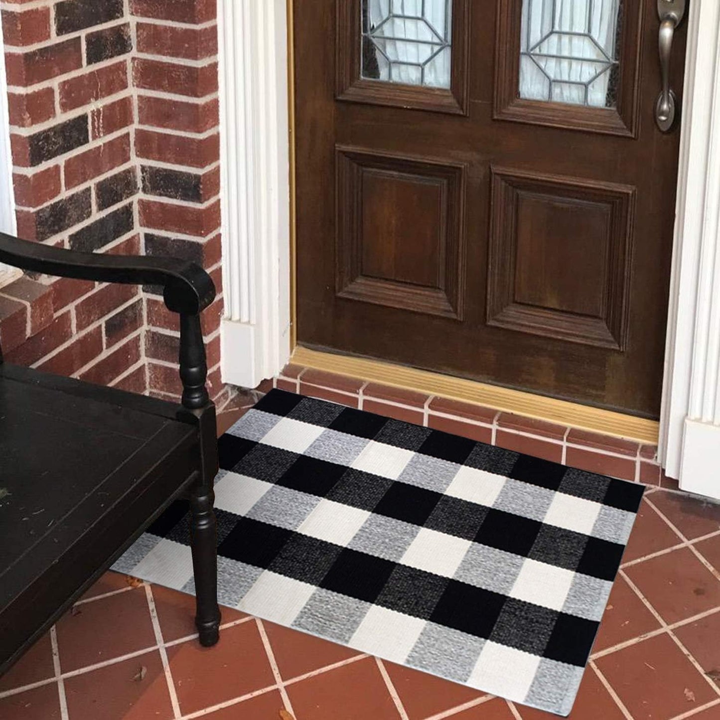 Buffalo Check Rug 2x3 - Black & White Plaid Washable Cotton Doormat for Kitchen & Porch