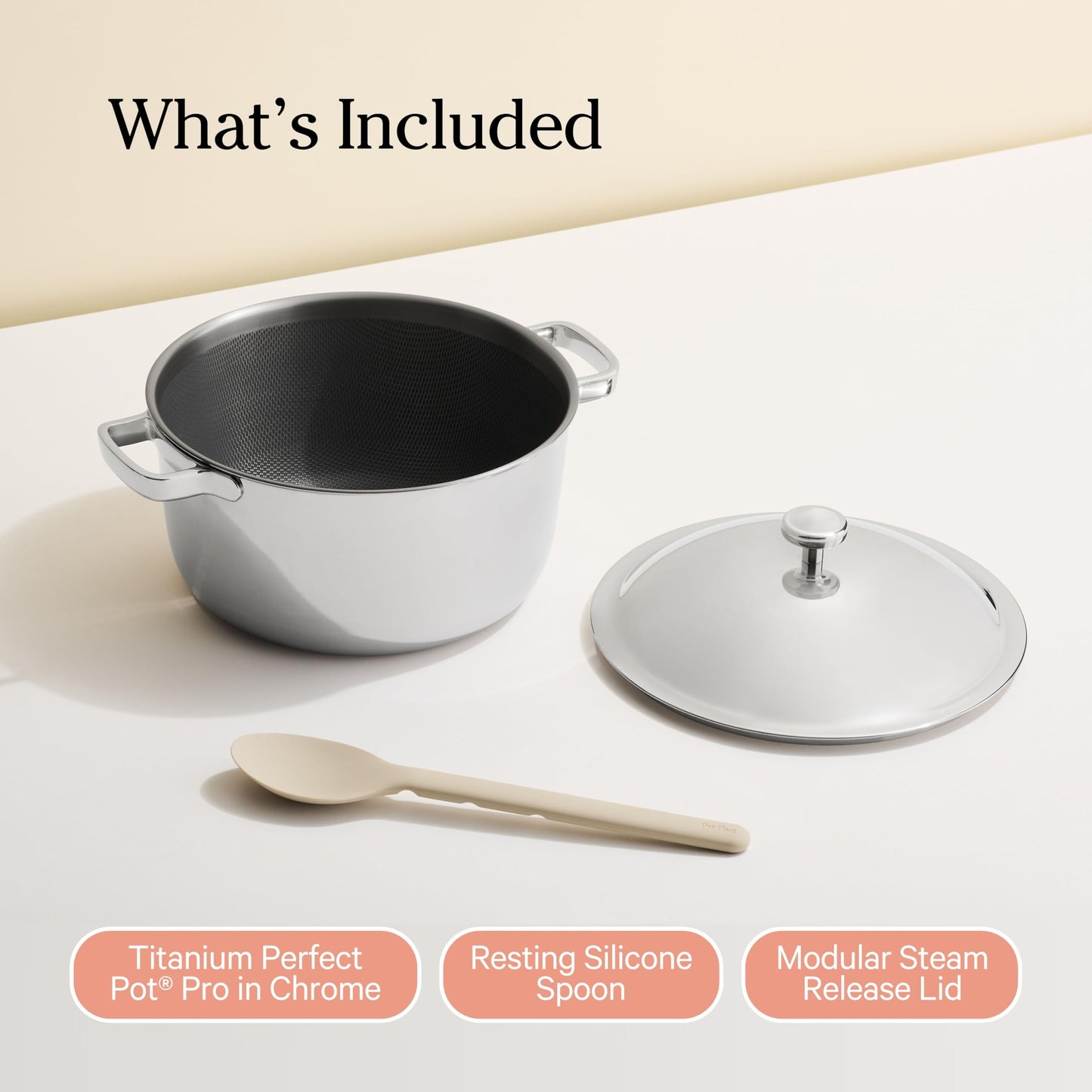 Our Place Titanium Perfect Pot Pro | 6.75 Qt Stock Pot with Lid & Silicone Spoon | PFAS-Free Nonstick, Fully-Clad Tri-Ply Stainless Steel & Aluminum | Induction & Oven-Safe up to 1000°F | Chrome