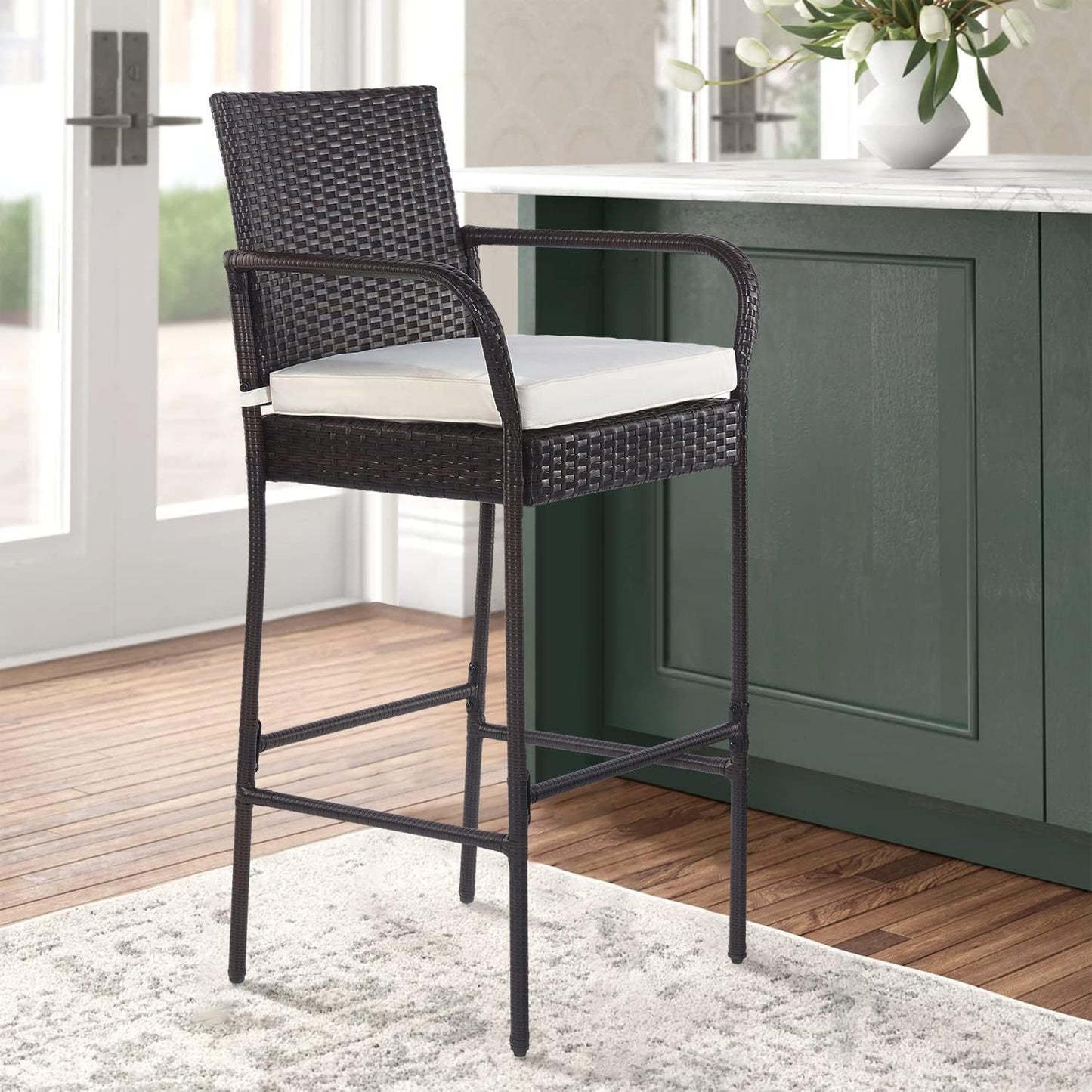 PayLessHere Patio Bar Stools Set of 2 - All-Weather Wicker Rattan Chairs with Footrest & Khaki Cushions