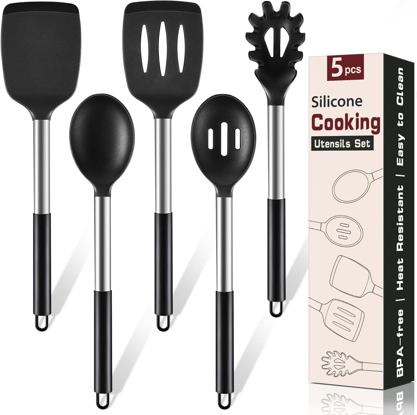 Skiennix Silicone Cooking Utensils Set - 5 Heat Resistant Kitchen Tools for Nonstick Cookware | Black