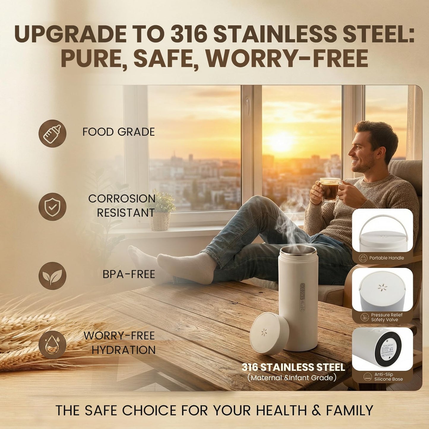 Travel Tea Kettle（120V）, Portable Electric Kettle, 316 Stainless Steel Premium Liner, 4-speed Temperature Adjustment with Auto Shut-off and Boil-Off Protection,White.
