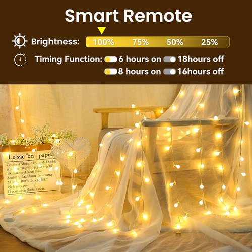 Dailyart Globe String Lights, 200Led 75FT Waterproof Fairy Lights Plug in 8 Modes with Remote Control, Brightness Adjustable &Timing String Lights Indoor Outdoor, Fairy Lights for Bedroom, Warm White