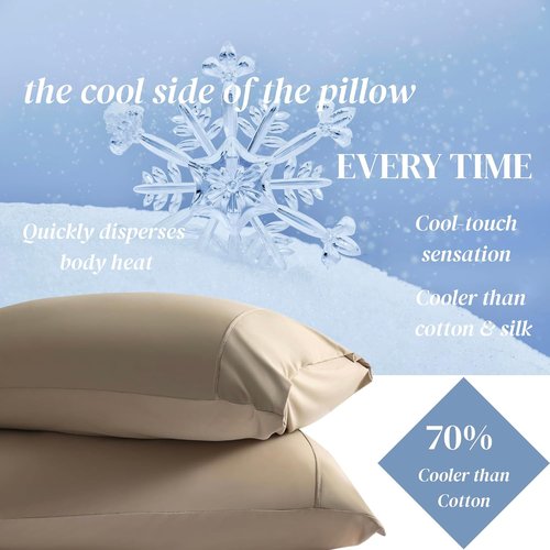 Beckham Hotel Collection Cooling Pillowcases - King Size Set of 2 | Silky Soft, Breathable, Moisture-Wicking, Sand