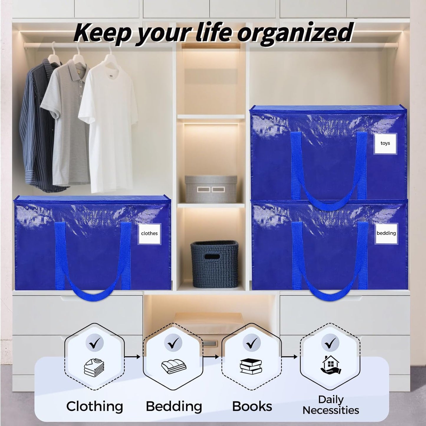 Skiennix Extra Large Heavy-Duty Moving Bags - 16 Pack Blue Storage Totes with Reinforced Handles & Zippers