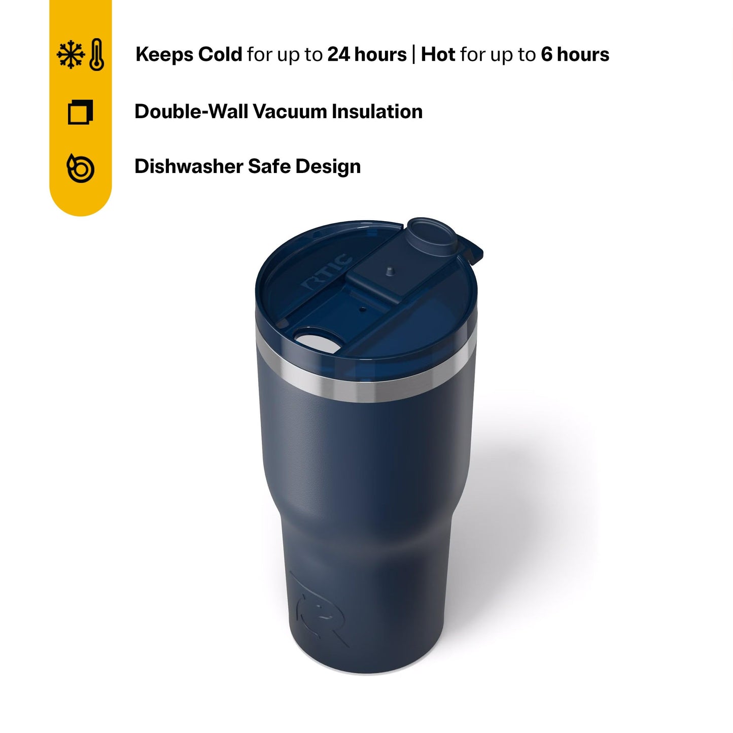 RTIC 30oz Essential Tumbler with Lid, Ceramic Lined, Insulated, Stainless Steel, Metal, Double Wall Vacuum-Insulation, Travel Cup for Iced Coffee, Tea, Hot and Cold Drink, Navy