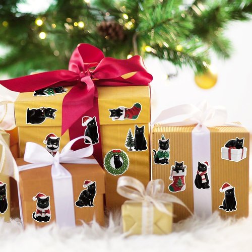 BkeeCten Christmas Black Cat Stickers - 600 Pcs Christmas Black Cat Waterproof Vinyl Reusable Laptop Stickers Coloring Book Scrapbook Water Bottle Page Activity Pad Party Favors Skateboard Giftwrap