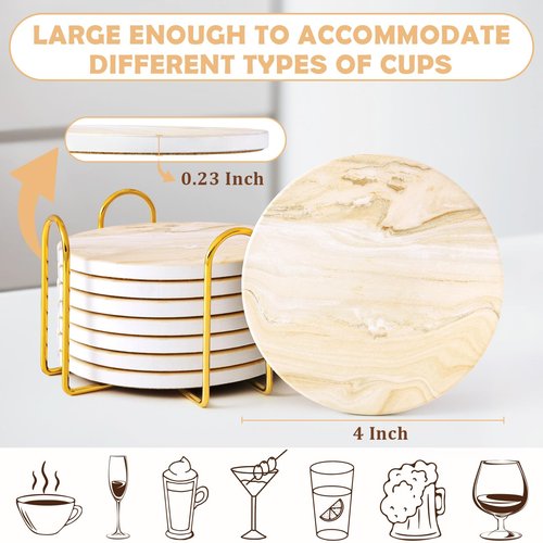 GOH DODD Coasters for Drinks Set of 4, Absorbent Marble Style Ceramic Coaster Cup Coasters Tabletop Protection Home Decor with Metal Holder for Housewarming Gifts Wedding Party, Gold, Round, 4 Inch