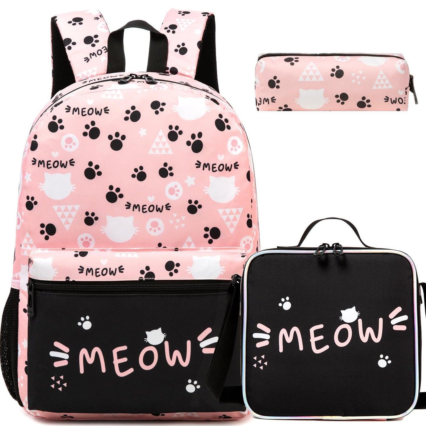 Backpack for School Kids Backpacks for Girls Bookbag Set Backpacks for Teen Girls with Lunch Box Pink Cat Preppy Backpack for School