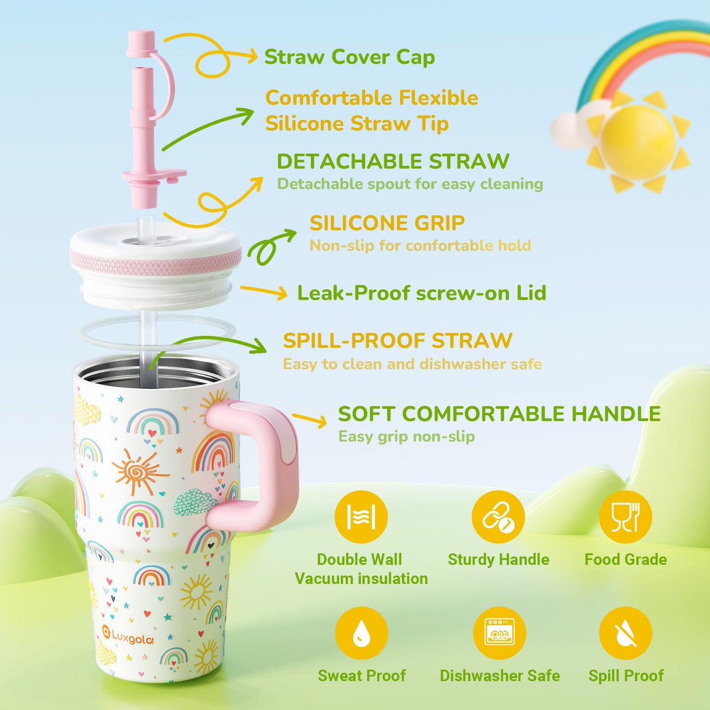 Luxgola Kids 20 oz Tumbler with Handle, Leak-Proof Screw-On Lid with Removable Silicone Straw, Spill Proof, Reusable Stainless Steel Insulated Water Bottle, Gifts for Boys and Girls, Rainbow