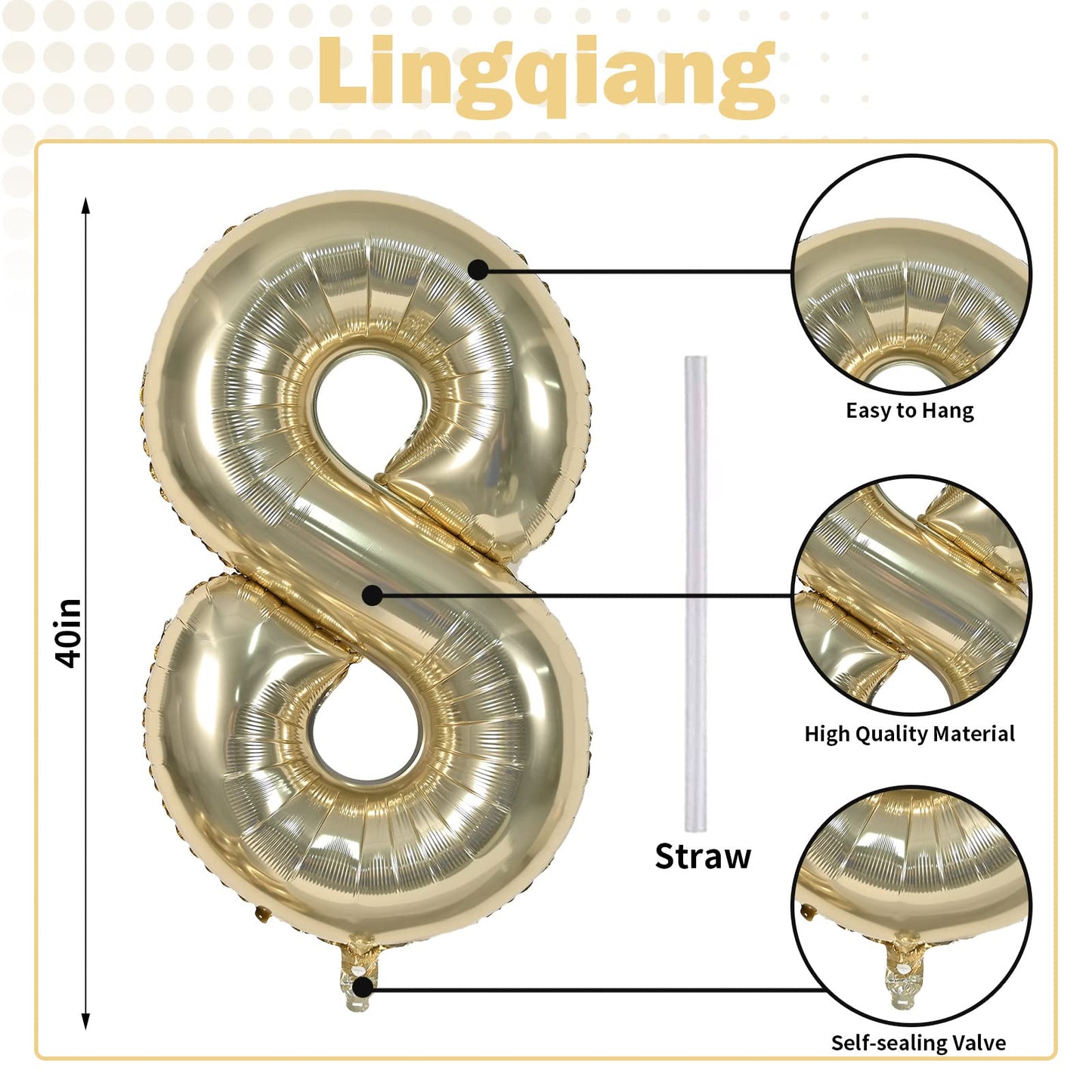 Champagne Gold 8 Balloons, 40" Giant Helium Foil Number 0-9 Light Gold Birthday Balloon for Boys Girls, Self Inflating Digit 8 Balloons for Women Men Anniversary Graduation Party Decorations Supplies