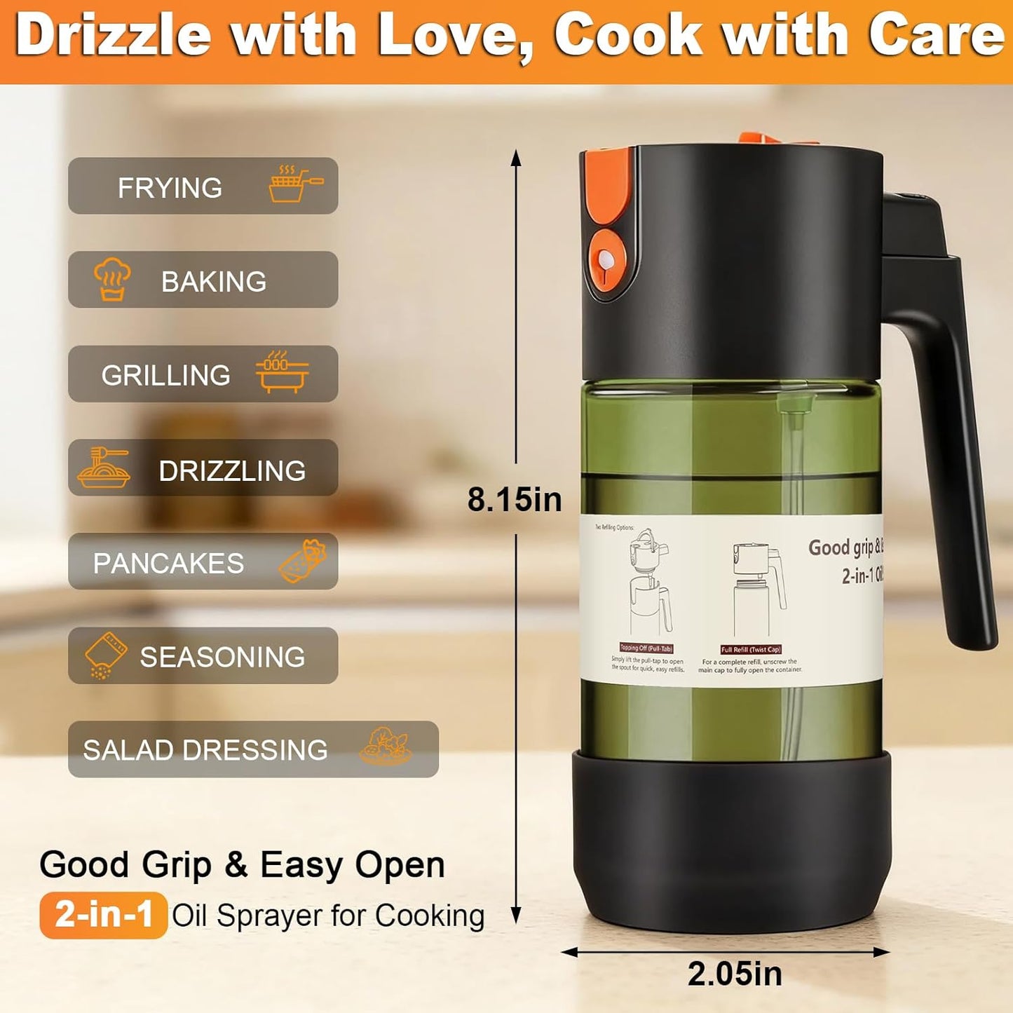 Skiennix 2-IN-1 Oil Sprayer - Light-Blocking Dark Glass Olive Oil Dispenser | 500ml for Cooking & BBQ