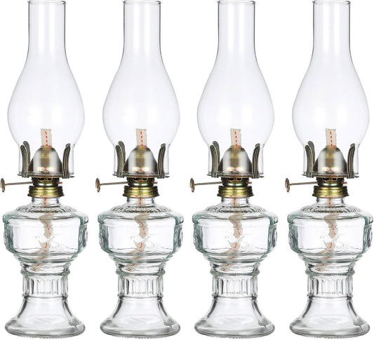 4 Pieces Rustic Oil Lamp Lantern Vintage Clear Glass Kerosene Lamp 12.5''Chamber Oil Lamps for Indoor Use Home Decor Lighting Classic Old Hurricane Oil Lamp for Emergency Lighting