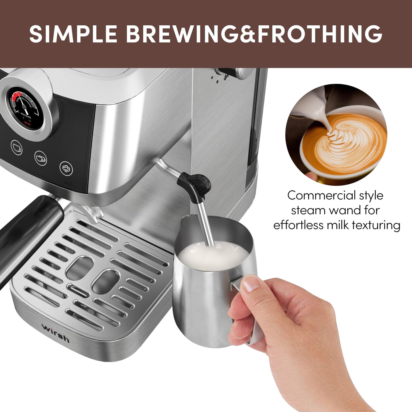 wirsh Espresso Machine, 20 Bar Semi-Automatic Espresso Maker with Pressure Gauge, Steam Wand, Stainless Steel Expresso Coffee Machine for Espresso/Latte/Cappuccino, Touch Screen,Home Barista Plus
