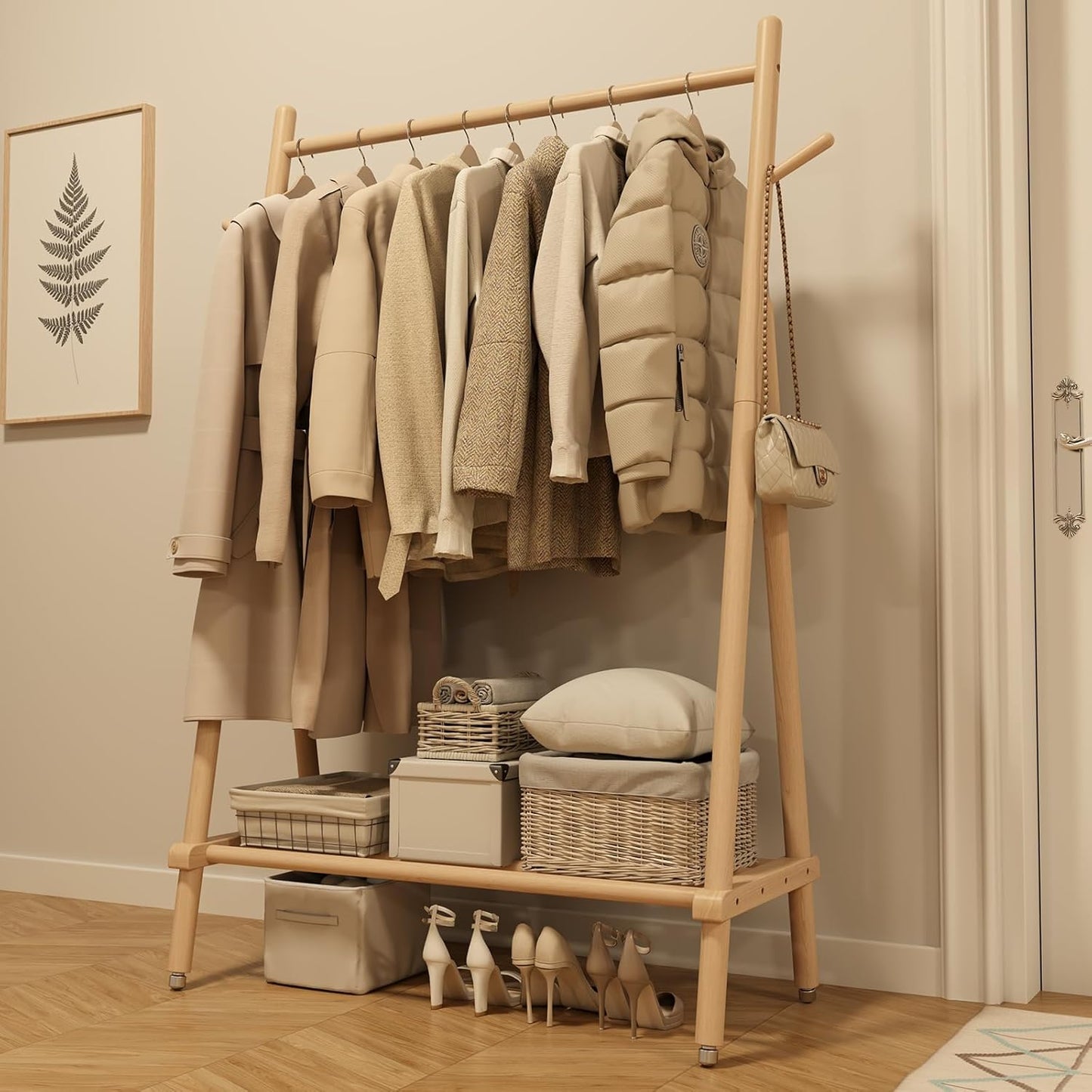 Muwuele Solid Wood Clothing Rack - Rolling Garment Rack with Shelves | Portable Closet Organizer (Natural)