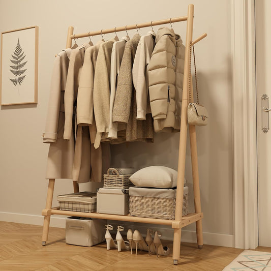Muwuele Solid Wood Clothing Rack - Rolling Garment Rack with Shelves | Portable Closet Organizer (Natural)