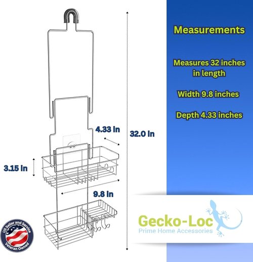Gecko-Loc Shower Caddy - Extra-Long Adjustable Rustproof Stainless Steel Organizer with Suction Stabilizer & Hooks - Tool-Free Installation (Silver)