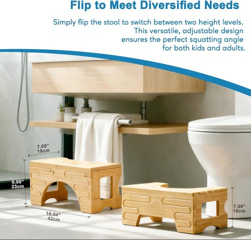 Bamboo Toilet Stool by Foldable | Adjustable 7" & 9" Heights - Non-Slip Design for Kids & Adults