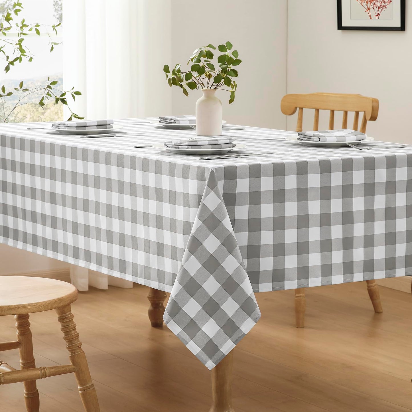 Veblandy Checkered Tablecloth Rectangle Waterproof Gingham Table Cloth Washable Buffalo Plaid Table Cover Wrinkle Free for Kitchen, Dining and Outdoor Picnic, 52 x 70 Inch, Light Grey and White