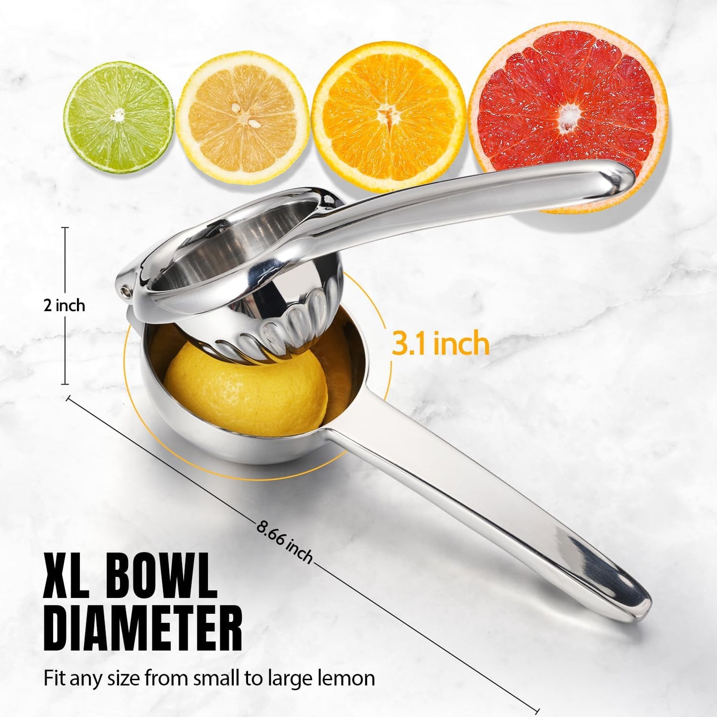 Sopito Stainless Steel Lemon Squeezer - Heavy Duty Citrus Juicer with Non-Slip Grip | Large Size