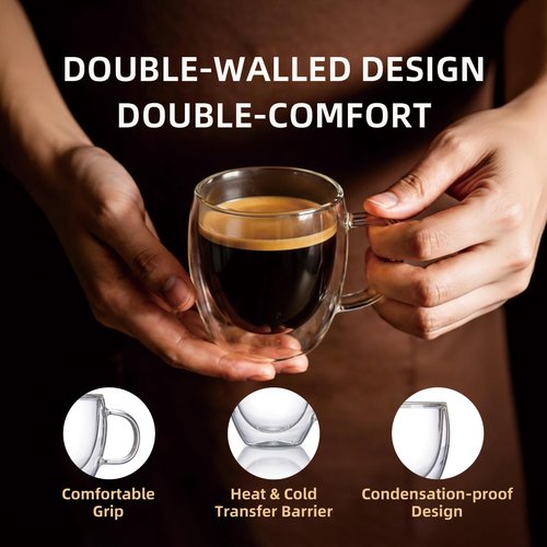 guuminsting Double Wall Insulated Espresso Shot Cups 5.4 OZ Set of 2, Small Clear Borosilicate Glass Demitasse Coffee Mugs with Handles