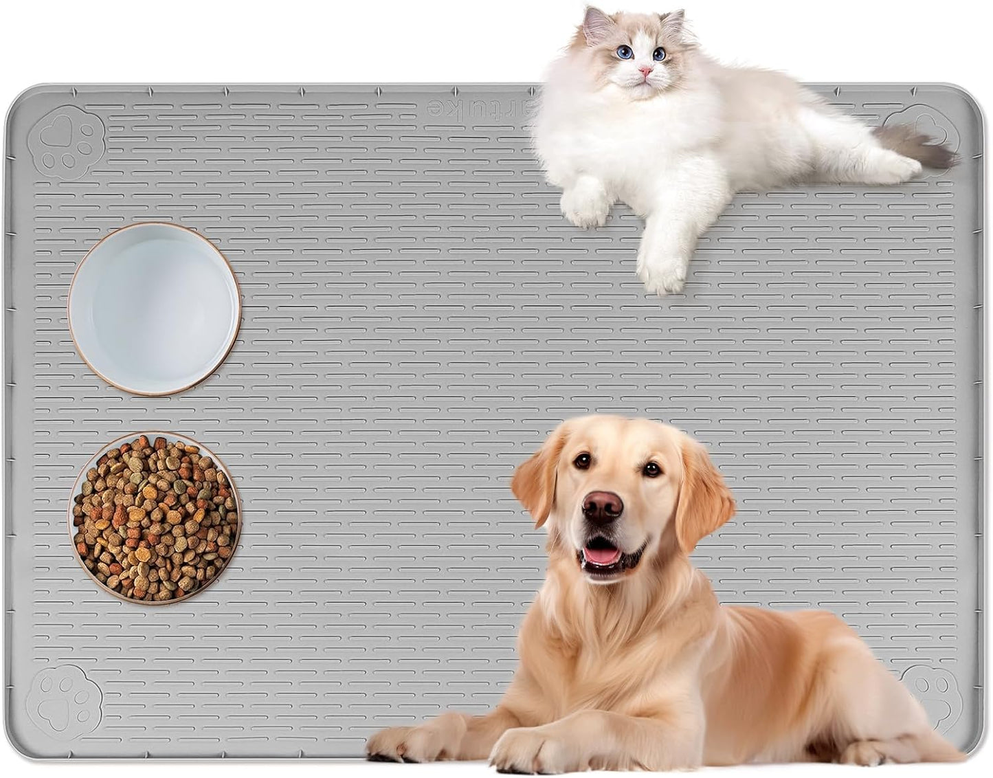 Skiennix Extra Large Cat Food Mat - 40" x 28" Non-Slip Silicone Feeding Mat | Easy to Clean, Grey