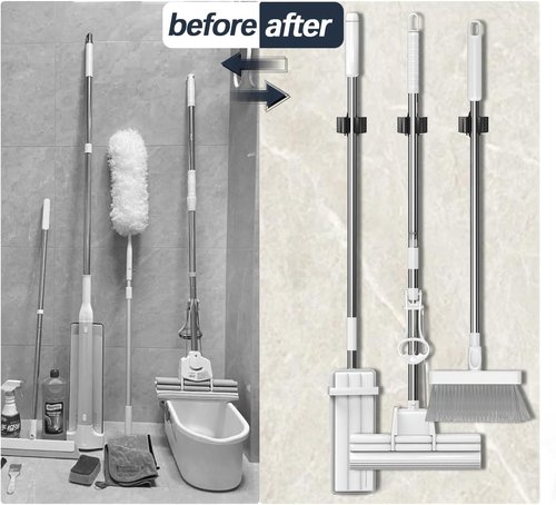 3-H Stainless Steel Broom Holder - Heavy Duty Wall Mount Mop Organizer for Kitchen, Laundry, Garage, Bathroom | 6 Pack