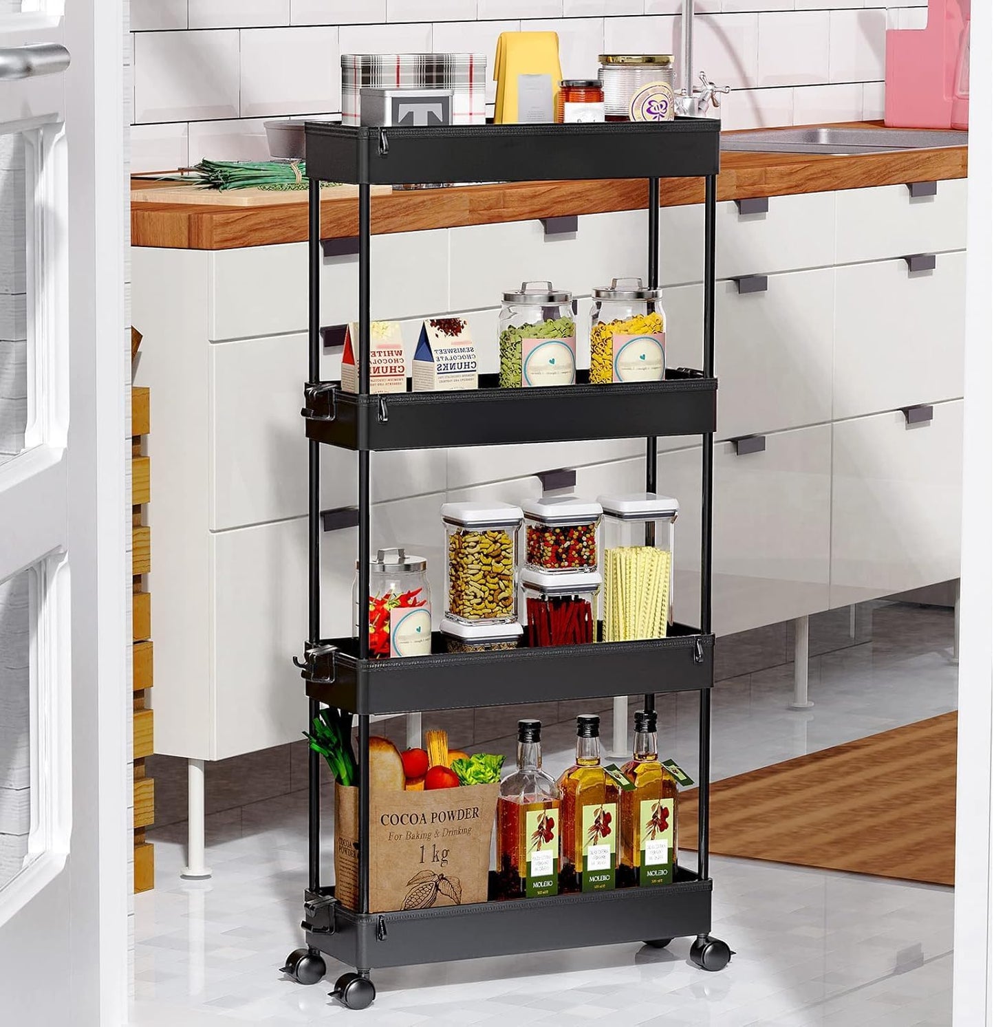 SPACEKEEPER Slim Rolling Storage Cart - 4-Tier Mobile Organizer for Bathroom, Kitchen & Laundry - Black