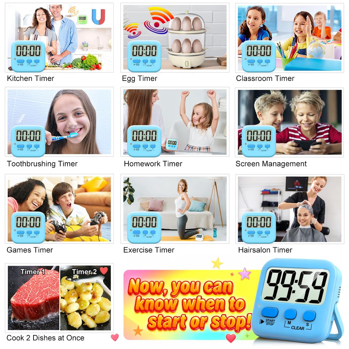 Antonki 2 Pack Digital Timer for Kids, Magnetic Countdown Kitchen Timers for Cooking, Egg, Classroom, Teacher, Exercise, Study, Oven - Battery Included