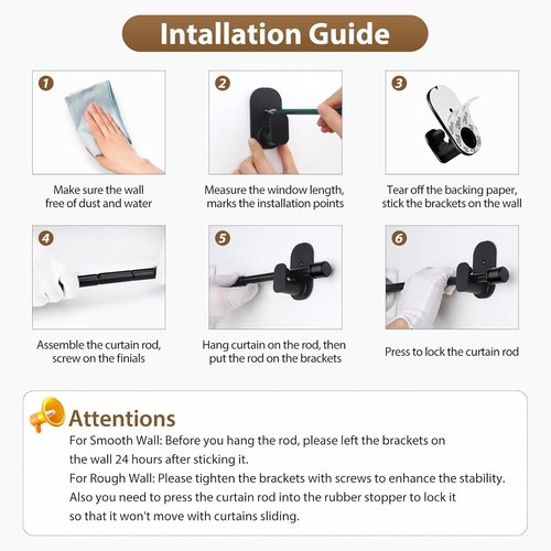 HOTOZON No-Drill Curtain Rods - Adjustable 32 to 86 Inches | Renter-Friendly Black Drapery Rods