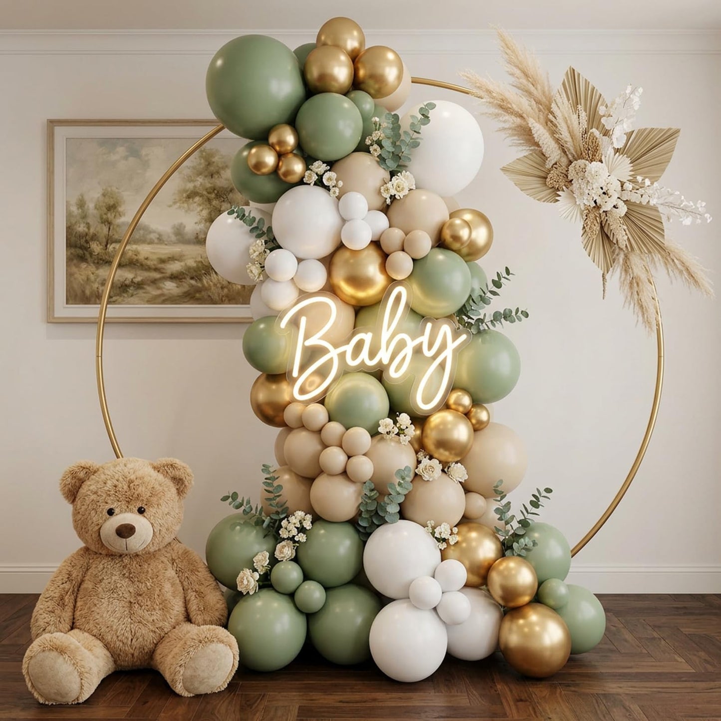 RUBFAC Sage Green White Gold Balloon Garland Arch Kit 129pcs Different Sizes Pack of 18 12 10 5 Inch, Latex Sand White Cream Confetti Gold Balloon Garland Arch Kit for Birthday Engagement Wedding