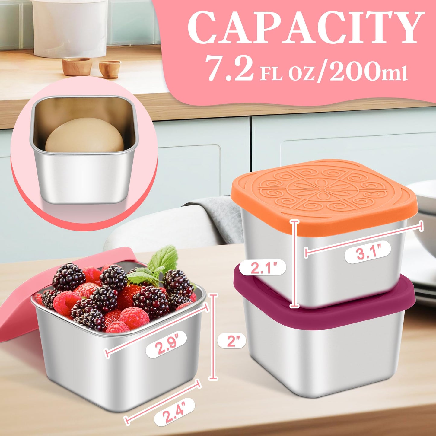 Qukaka Stainless Steel Snack Containers for Kids,7.2oz Easy Open Leak Proof Reusable Snack Box Container with Lids,Small Lunch Containers for Meal Prep,School,Picnic and Travel-3Pack
