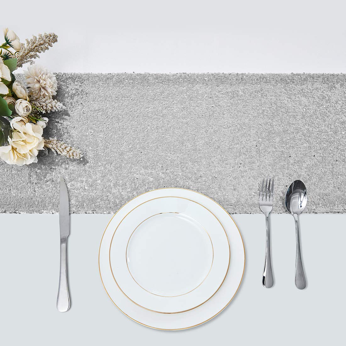 2 Packs 12 x 108 inches Silver Sequin Table Runner, Glitter Silver Table Runner for Wedding Birthday Bachelorette Holiday Party Supplies Decorations Bridal Shower Baby Shower