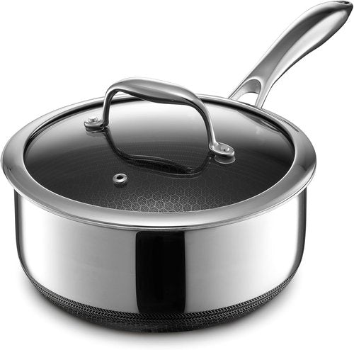 HexClad 3-Quart Hybrid Nonstick Saucepan - Tempered Glass Lid, Stay-Cool Handle, Oven-Safe Up to 900°F