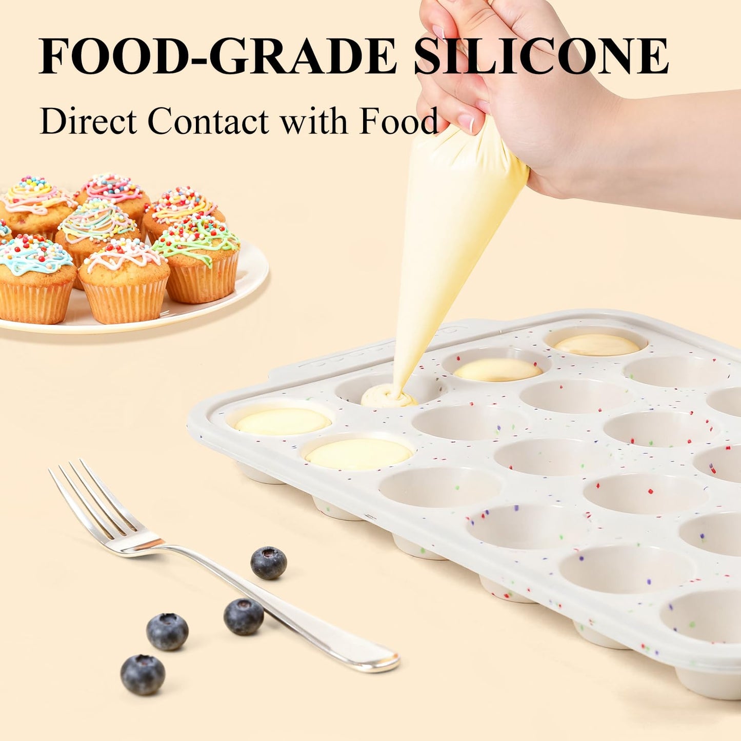 Vinino 2-Pack Silicone Mini Muffin Pan for Baking, 24 Cup Mini Cupcake Pan with Metal Reinforced Frame, Nonstick Muffin Tray with Non-Slip Handle, Silicone Molds for Oven, BPA Free, Dishwasher Safe