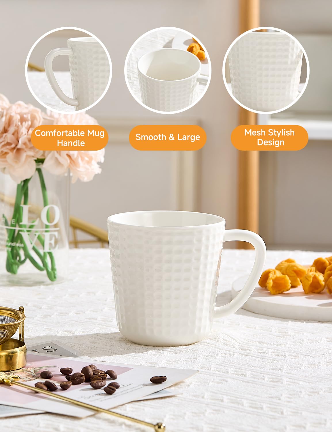14oz Ceramic Coffee Mugs Set of 4 - Embossed Grid Texture Coffee Cups -Modern Minimalist Coffee Mug for Latte, Cappuccino & Cocoa - Dishwasher & Microwave Safe - Ideal Mother's Day & Wedding Gift