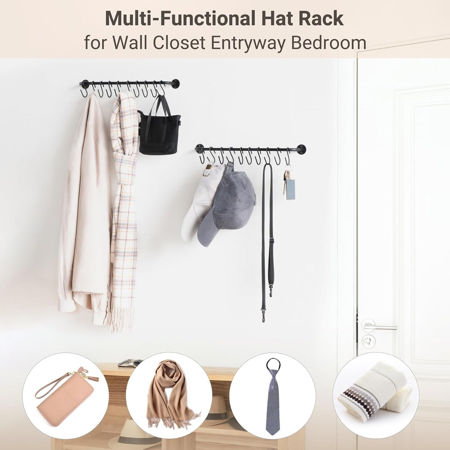 Mkono Hat Rack - Wall-Mounted Baseball Cap Organizer with 20 Hooks | Modern Metal Design, Set of 2 Black