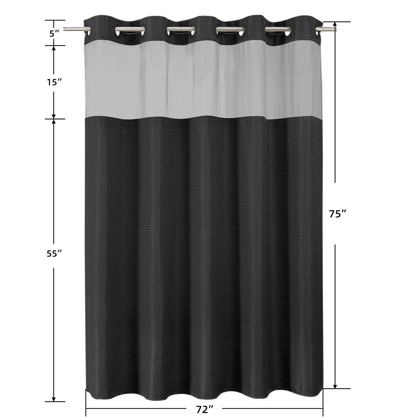 Colorful Star No Hook Waffle Shower Curtain with Snap in Fabric, Waterproof Shower Curtains with See Through Top Window, Hotel Luxury Heavy Duty Bathroom Curtain and Liner Set, 72'' x 75'', Black