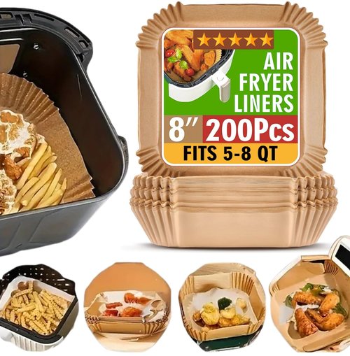 200 Pcs Air Fryer Paper Liners, 8" Square Air Fryer Liners Disposable, Non-Stick & Non-Leak Parchment Paper Liners, Paper Liners for Airfryer Basket, Deep Fryer Parts & Accessories