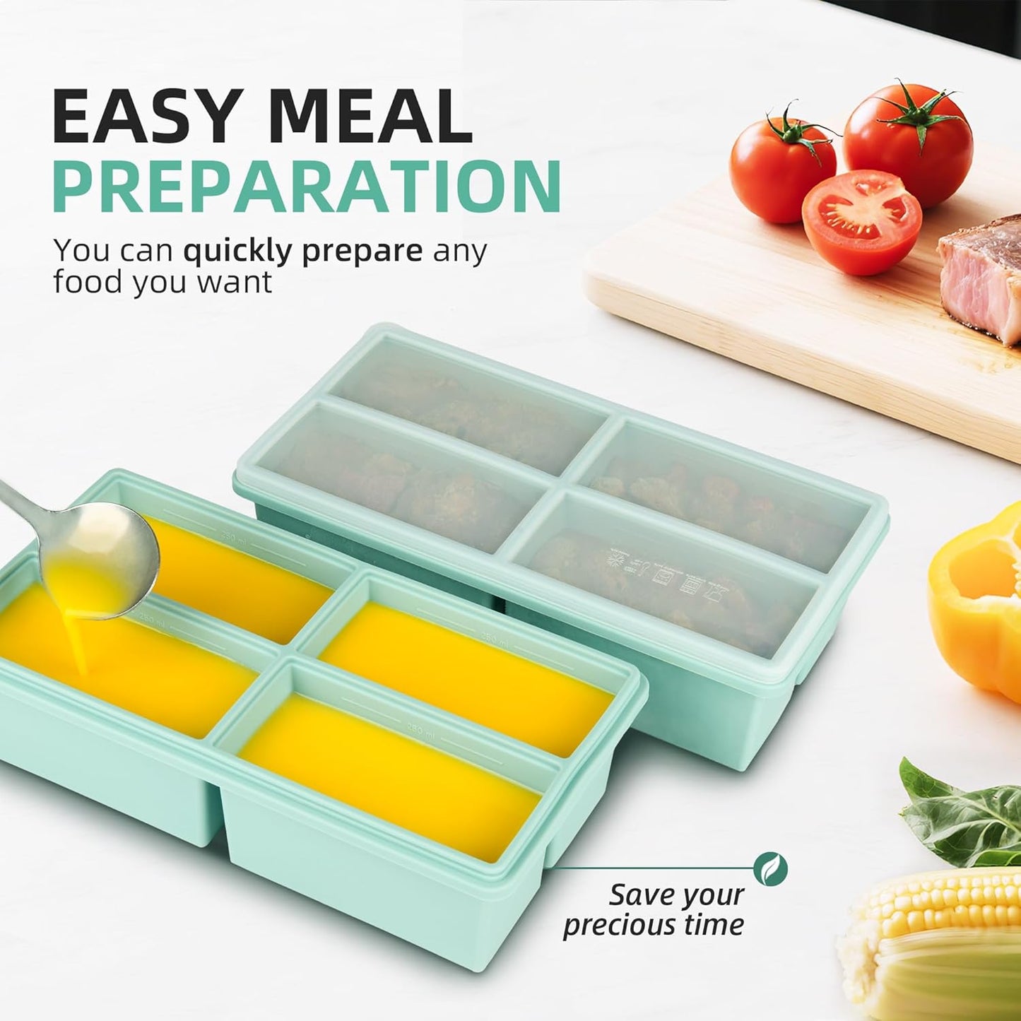 Silicone Freezer Trays with Lids by [Brand Name] - Large 1 Cup Soup & Ice Cube Molds - 2 Pack
