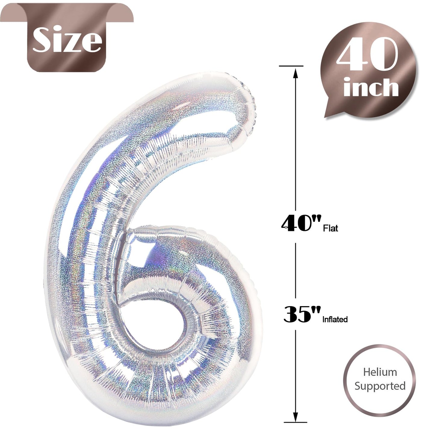 Laser Silver 6 Balloon, Number Balloons 40 Inch, 6th Balloons for Birthday Decorations, Laser Silver Party Supplies 6 Birthday Balloon, Number 6 Balloon