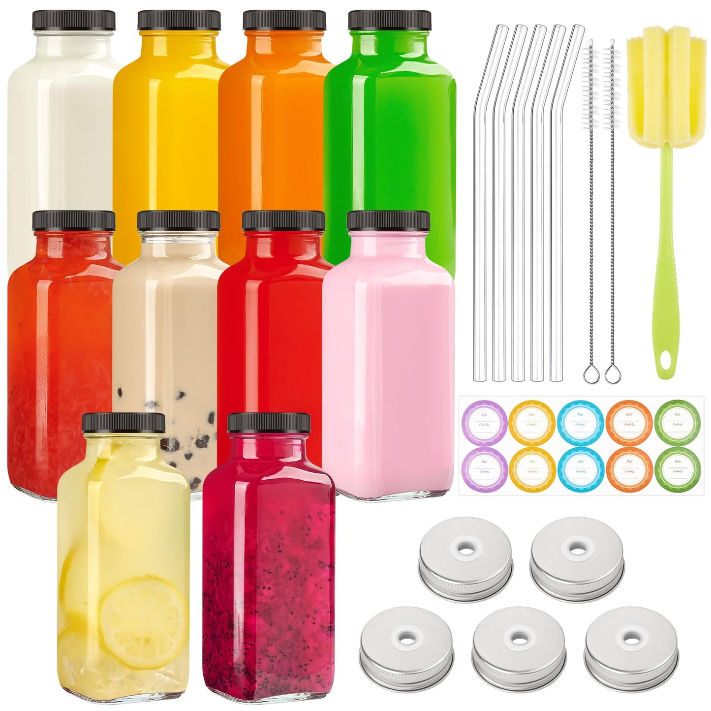 TUZAZO 10 PACK 16 Oz Glass Juice Bottles with Lids, Reusable Travel Drinking Jars Juice Containers, Glass Bottles for Juicing with Brush, Straws, Lids with Hole