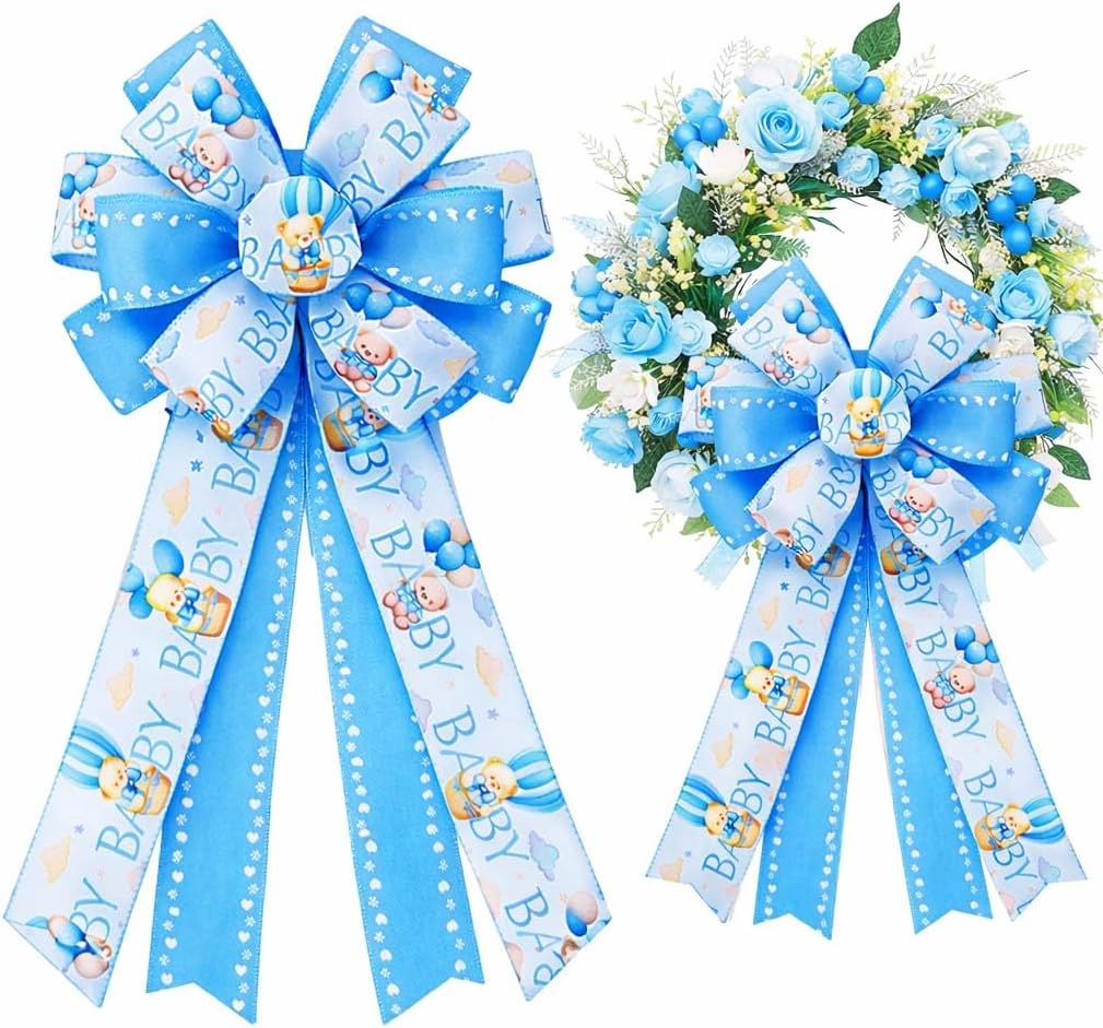 Skiennix Large Baby Shower Bows - 20x11 Inch Baby Blue Decorative Ribbons for Wreaths & Home Decor