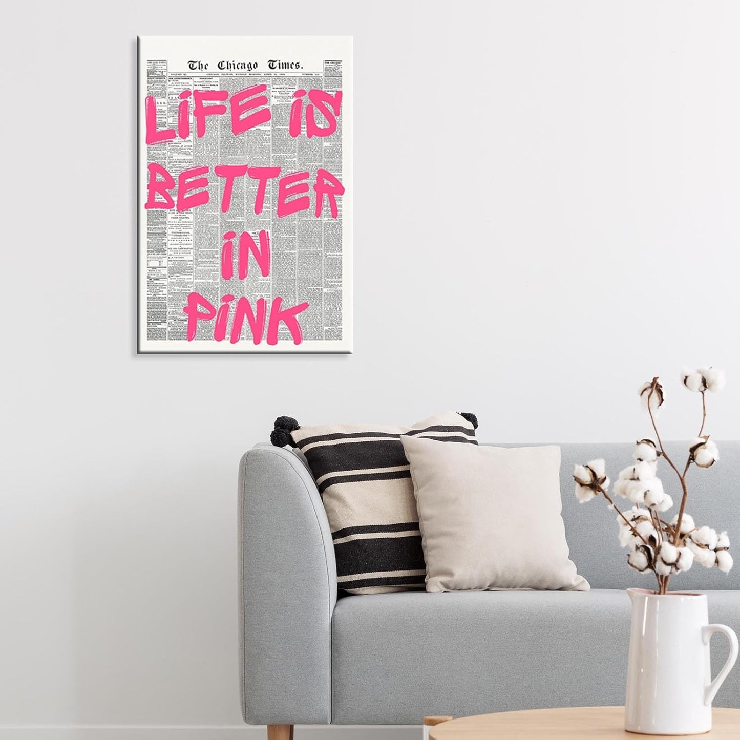 Skiennix Pink Wall Art - Retro Newspaper Canvas Poster with Positive Quote | 16x24in Minimalist Decor