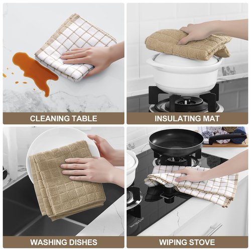 Homaxy Premium Cotton Kitchen Towels 16"x 28", Large Natural Ring Spun 390 GSM Dish Towels, Super Absorbent Terry Kitchen Hand Towels, Soft Tea Towels with Hanging Loop, Tan Check Design, 6 Pack