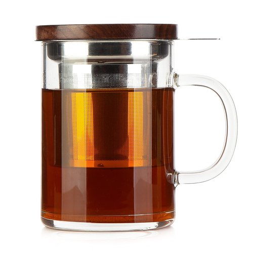 COMI Tea Cup with Infuser Walnut Lid&Handle, Glass Tea Cups with Wide Mouth Extra Large Capacity, Stainless Steel Tea Infuser Mug for Loose Leaf Tea Steeping(14oz/400ml)