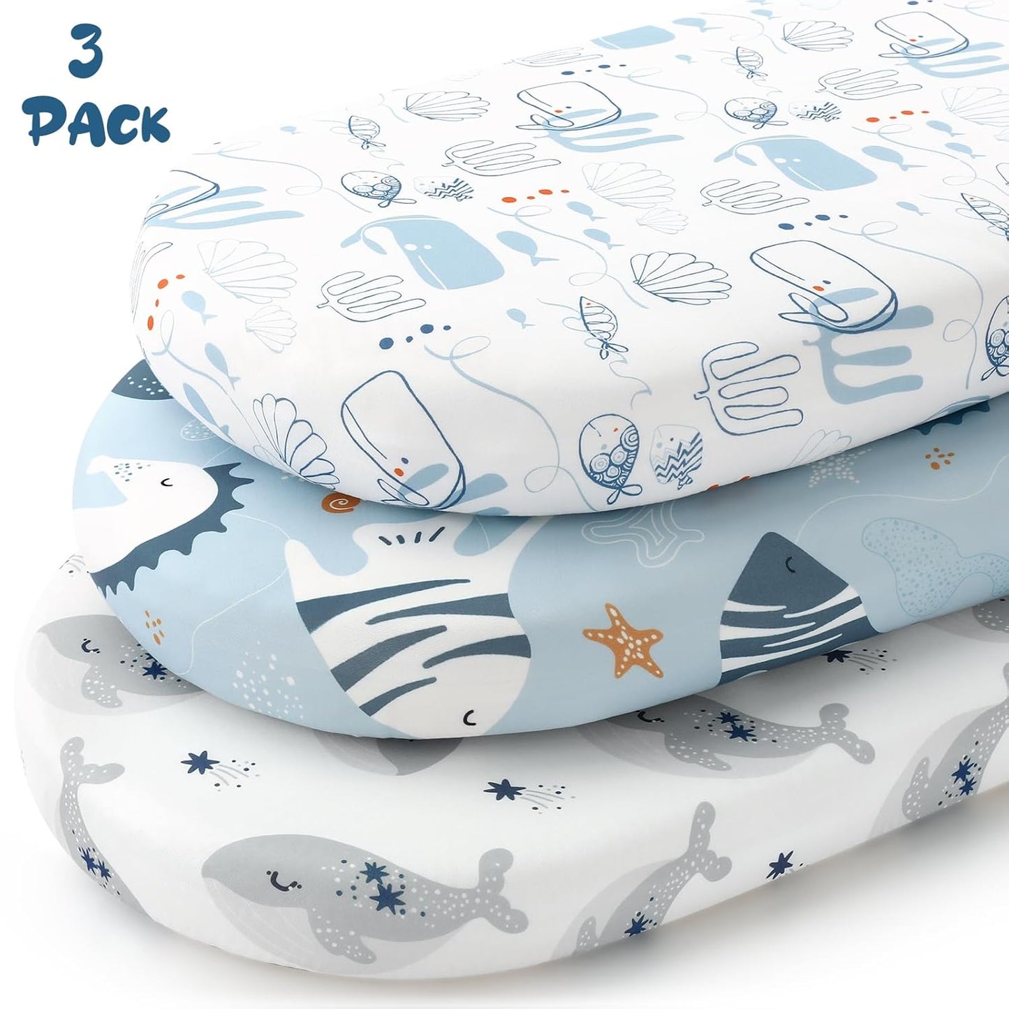 Yoofoss Bassinet Sheets - 3-Pack Fitted Sheets for Halo & Baby Delight | Soft, Breathable, Blue & Seahorse